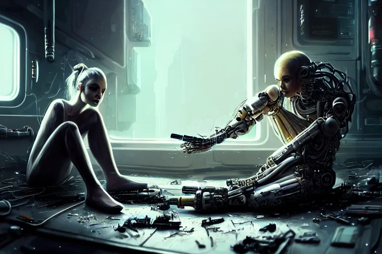 Image similar to Ultra realistic illustration, beautiful alluring damaged cyborg sitting on the floor of a destroyed spaceship, smoking a cigarette while being put back together in an super advanced military medical bay, cyberpunk, sci-fi, fantasy, sparks, small flames, smoke, intricate, elegant, highly detailed, digital painting, artstation, concept art, smooth, sharp focus, illustration, gorgeous cinematic lighting, art by artgerm and greg rutkowski and alphonse mucha