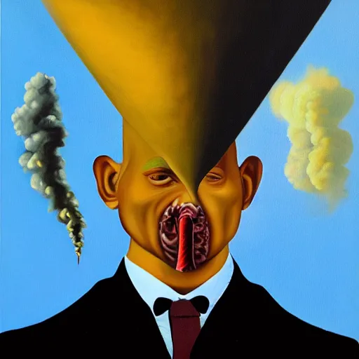 Prompt: a surreal painting of a man with a chimney in his head and smoke coming out