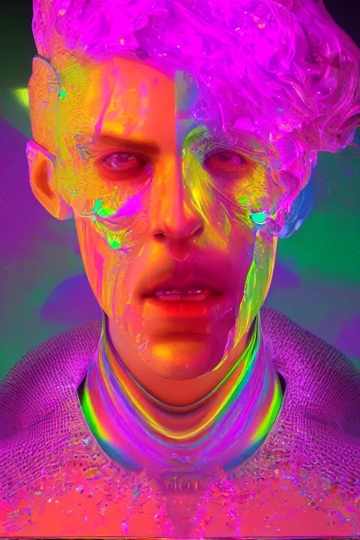 Prompt: portrait of a hyperdimensional jester, neon rainbow quartz, 4k detailed hyperrealistic digital photo by Beeple, Gustave Dore, Artstation, CGsociety