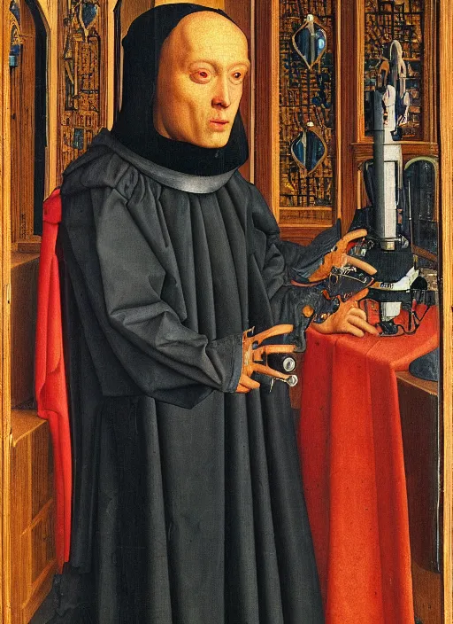 Prompt: a cyborg priest by Jan van Eyck