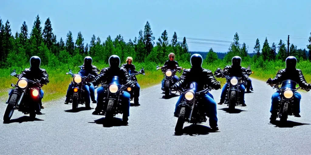 Image similar to motorcycle gang riding in finland, summer, moebius style