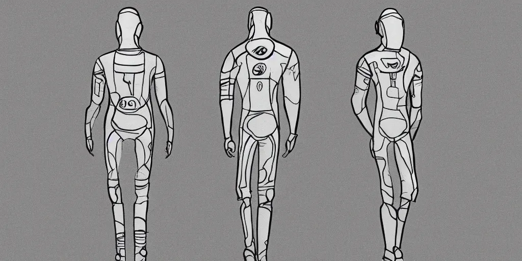 Prompt: male, elongated figure, space suit, sketch, large shoulders, short torso, long thin legs, tiny feet, character sheet, very stylized, illustration, pen and ink,