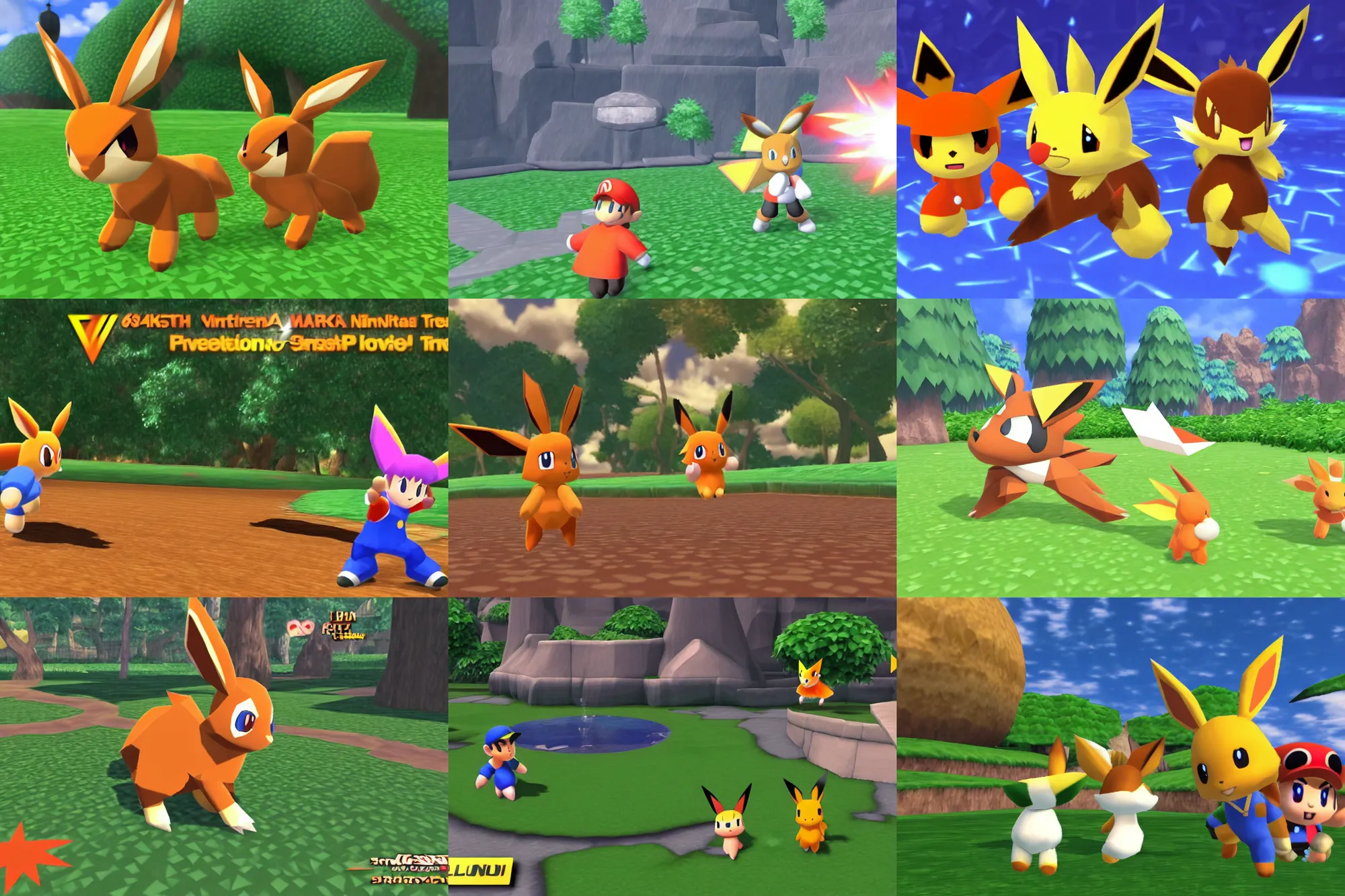 Prompt: (nintendo 64) resolution screenshot eevee (smash brothers) pokemon crossing final fantasy (smash) tournament low poly