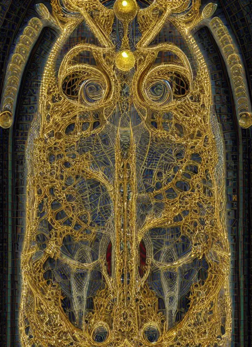 Prompt: a magnificent symmetrical being made of detailed crystals light and golden gothic ornaments by alex gray. 3D, 8k resolution