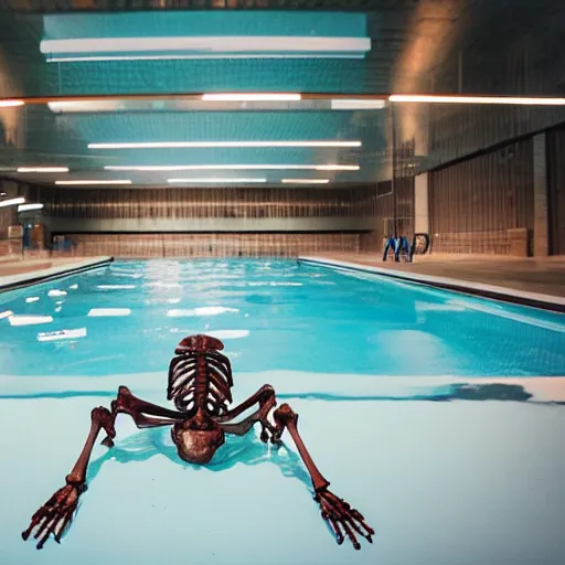 Prompt: a skeleton in a public pool