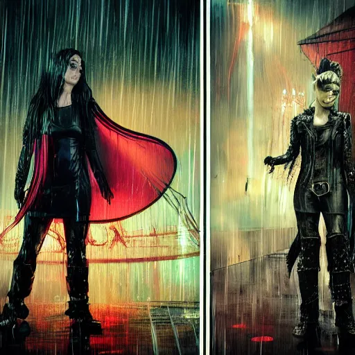 Image similar to An epic fantasy comic book style portrait painting of very imposing Industrial goths Trent Reznor and Miley Cyrus in the rain, wet hair, neon reflections, character design by Mark Ryden and Pixar and Hayao Miyazaki, unreal 5, DAZ, hyperrealistic, octane render, cosplay, RPG portrait, dynamic lighting, intricate detail, cinematic