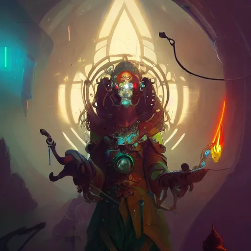 Image similar to the old wizard, cyberpunk, bionics, augments, lights, cables, elegant gleaming intricate baroque jewellery, colorful, vivid, imposing, epic, digital painting, artstation, concept art, by peter mohrbacher and wlop and rhads,