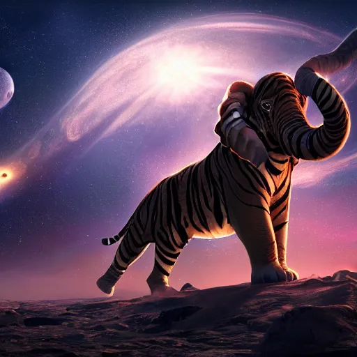 Image similar to planet - sized tiger elephant in space, next to the sun and stars, very wide shot, epic composition, hyper detailed, digital art, trending in artstation, cinematic lighting, studio quality, unreal engine 5 rendered, art style by klimt and nixeu and ian sprigger and wlop and krenz cushart