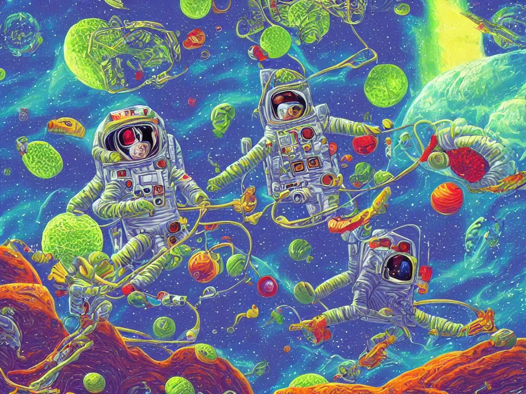 Prompt: a digital painting of an astronaut!!!!!! floating in a bright colorful alien ocean surrounded by limes!!!!!!, sharp focus, retro futuristic, 8 k, highly detailed, lovecraftian by todd schorr