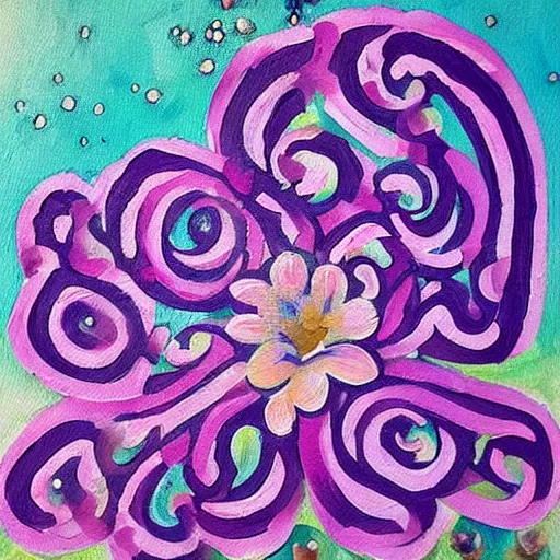 Image similar to sign with pink flowers painted on it that says'shabbat shalom ', beautiful painting, intricate, blue, purple