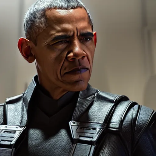 Image similar to Film still of Obama as Nick Fury. Marvel Cinematic Universe. Extremely detailed. Screenshot. 4K. Cinematic lighting.