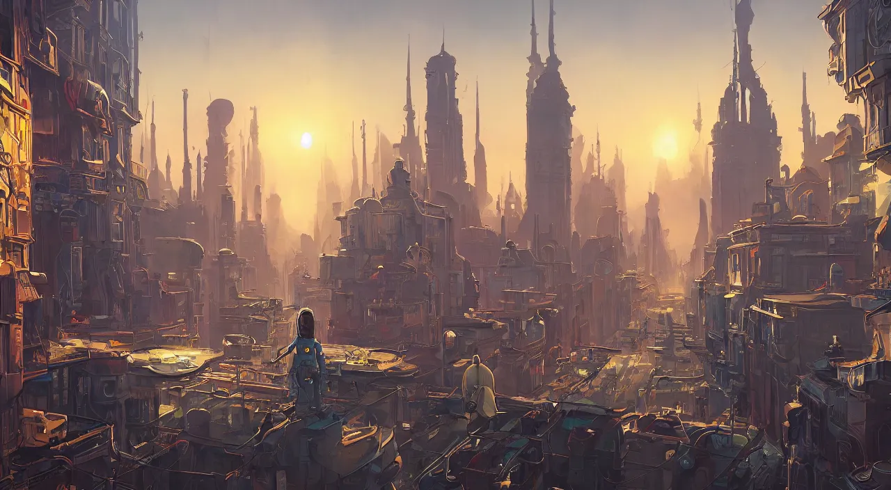 Image similar to a street level painting towards the horizon with high detail, sci - fi colorful victorian city with a victorian astronaut in the foreground at sunset with sharp shadows by tyler edlin and sparth, wide angle lens, 4 k, vray, art nouveau influences. roger deakins, cinematic cinematography.