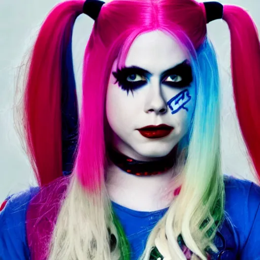 Prompt: an potrait of Avril Lavigne play Harley Quinn, 4k