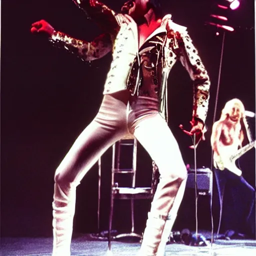 Image similar to freddy mercury singing on stage with 1 9 8 4 david lee roth. still photo by annie liebowitz.