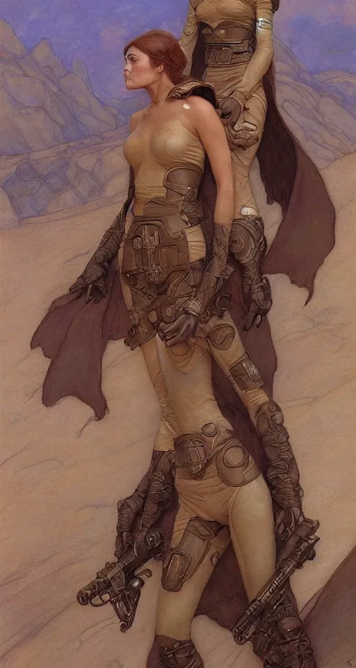 Image similar to beautiful female fremen on dune, by edgar maxence artgerm ross tran and michael whelan and gustav klimpt