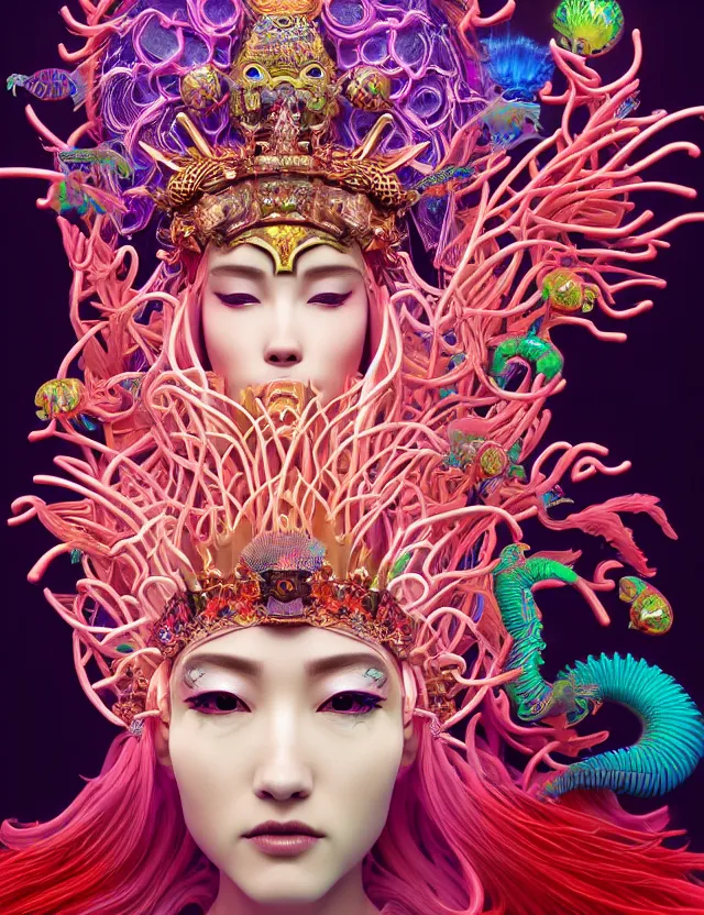 Image similar to 3 d goddess close - up profile portrait with crown, ram skull. beautiful intricately detailed neon japanese crow kitsune mask and clasical japanese kimono. betta fish, jellyfish phoenix, bio luminescent, plasma, ice, water, wind, creature, artwork by tooth wu and wlop and beeple and greg rutkowski