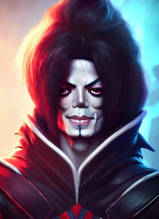 Image similar to portrait of pentakill michael jackson from league of legends, au naturel, hyper detailed, digital art, trending in artstation, cinematic lighting, studio quality, smooth render, unreal engine 5 rendered, octane rendered, art style by klimt and nixeu and ian sprigger and wlop and krenz cushart and riot