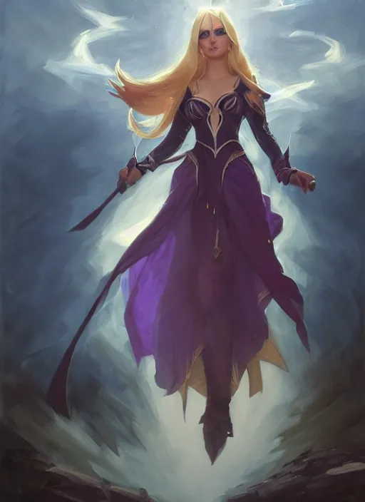 Image similar to portrait of mage Syndra from League of Legends, countryside, calm, fantasy character portrait, dynamic pose, above view, sunny day, thunder clouds in the sky, artwork by Jeremy Lipkin and Giuseppe Dangelico Pino and Michael Garmash and Rob Rey, very coherent asymmetrical artwork, sharp edges, perfect face, simple form, 100mm