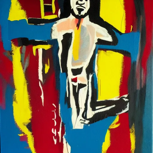 Image similar to oil painting of Jesus on the cross in the style of Basquiat, 8k