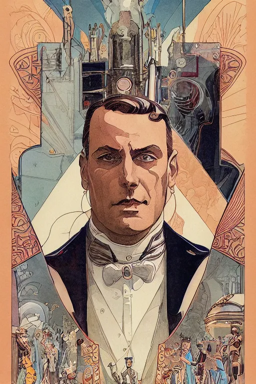 Image similar to zoomed out portrait of a duke, victorian era, art deco style, stylized illustration by moebius, juan gimenez, watercolor gouache detailed paintings in style of syd mead, metabaron, ghibli studio vibe, vivid colorful comics style, clean line, diesel punk,