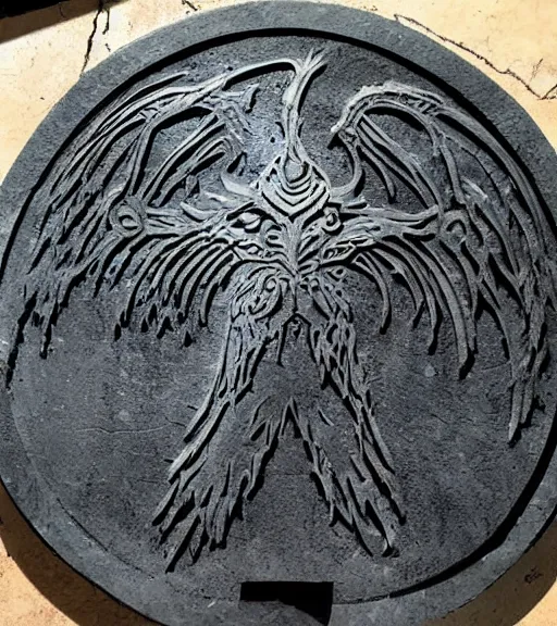 Image similar to raven standing on a large tombstone relic with glowing sigils on it, midnight death fog colors!