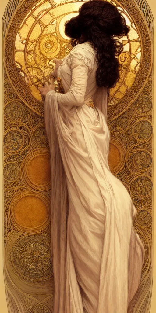 Image similar to character portrait of a modest woman, tall, feminine, powerful, modestly clothed, voluminous, intricate, elegant, highly detailed, digital painting, artstation, smooth, symmetrical, sharp focus, illustration, art by gaston bussiere and alphone mucha