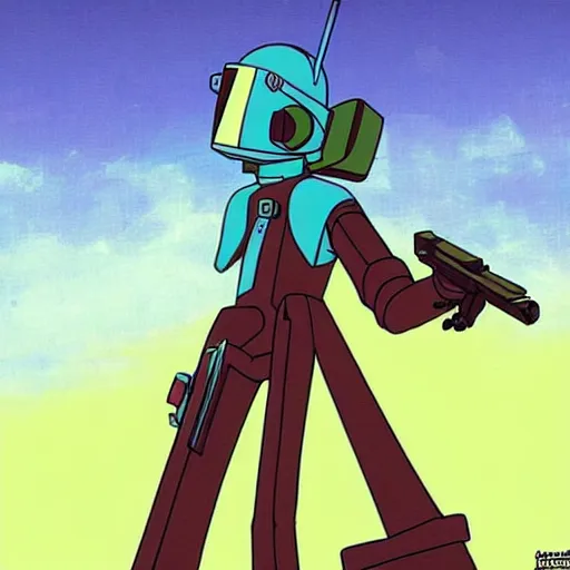 Image similar to canti the robot from flcl anime, he is holding a valorant style sniper rifle in the map haven holding a heaven.
