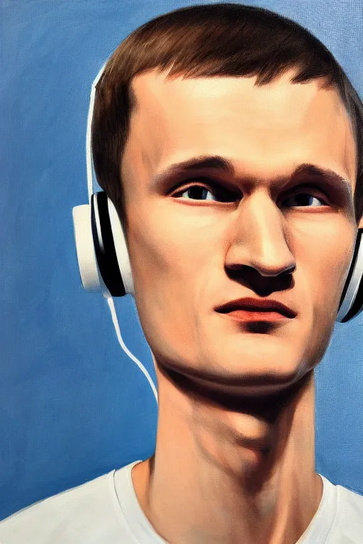 Image similar to vitalik buterin in headphones. vitalik buterin, medium shot, perfect symmetric face, coherent eyes, cute beautiful face, fine details., 4 k, hans zatska, oil paint