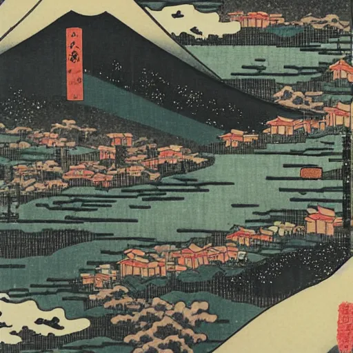 Prompt: japanese city built into a snowy mountain range in ukiyo - e style