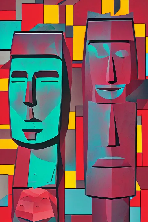 Image similar to cubist moai statue cutout digital illustration cartoon colorful beeple