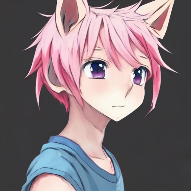 Image similar to character concept art of a cute anime boy with pink hair and pink wolf ears and freckles | | cute - fine - face, pretty face, key visual, realistic shaded perfect face, fine details by stanley artgerm lau, wlop, rossdraws, james jean, andrei riabovitchev, marc simonetti, and sakimichan, trending on artstation