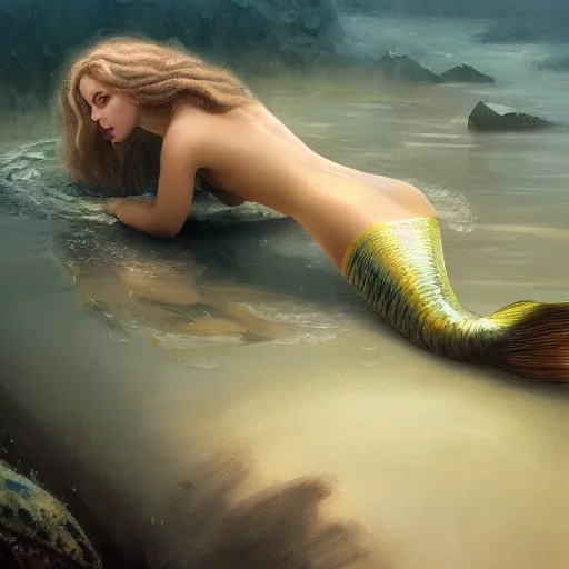 Image similar to High detail painting of a mermaid in a clam underwater fantasy world, full body, long blonde hair, blue eyes, fish tail, digital art, highly detailed, Greg Rutkowski, Chris Moore