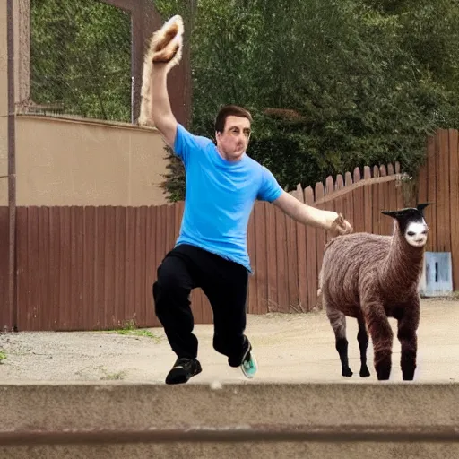 Image similar to High quality photo of Michael Scott doing parkour with a llama