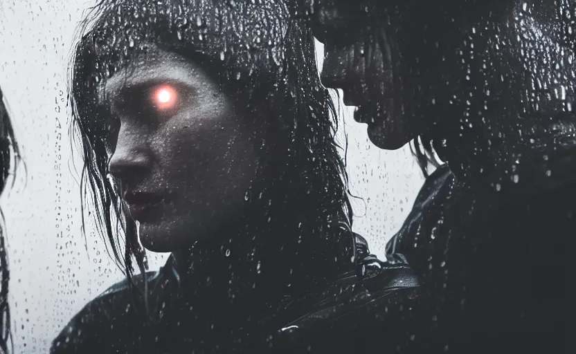 Image similar to cinestill 5 0 d candid photographic portrait by christopher nolan of two loving female androids sobbing wearing rugged black mesh techwear in treacherous waters, extreme closeup, modern cyberpunk moody emotional cinematic, pouring rain menacing lights shadows, 8 k, hd, high resolution, 3 5 mm, f / 3 2, ultra realistic faces, ex machina