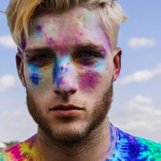 Prompt: A photo of a man, blonde hair, clear eyes, tie die shirt, house, scars