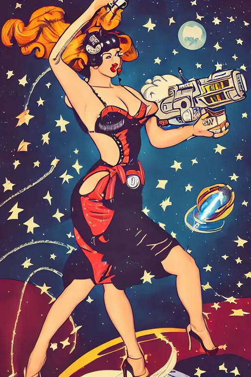 Prompt: old school, traditional style flashes of pinup girl in space holding a lazer pistol by sailor jerry, marina goncharova, vic james, electric martina, heath clifford, filip henningsson, kimi vera