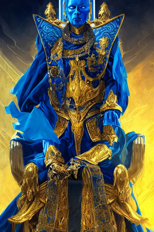 Image similar to Half-length portrait of the azur emperor sitting on its throne. Blue clothing, gold heavy armor. Dramatic, bloom, shadows. High fantasy, digital art, HD, 4k, detailed, illustration.