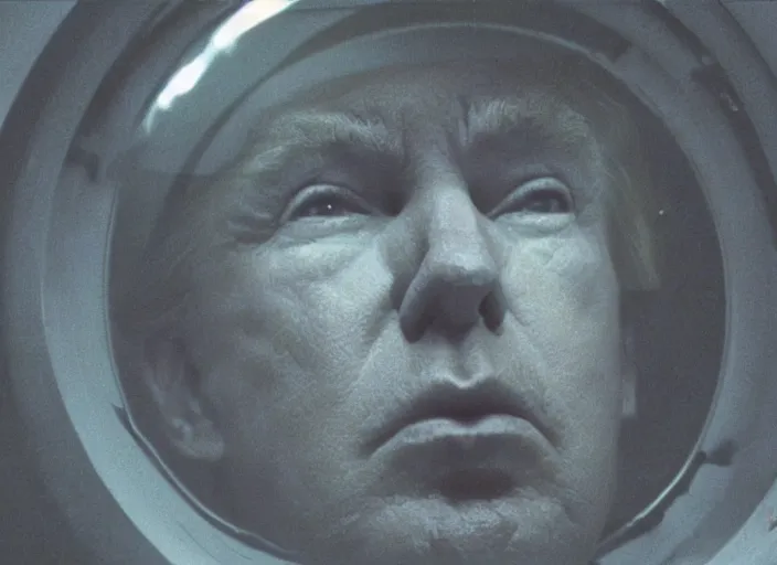 Image similar to screenshot from moody scene of Donald Trump dreaming on a spaceship, scene from the film Solaris 1979 film directed by andrei tarkovsky, kodak film stock, anamorphic lens, 4K, film grain, detailed, stunning cinematography