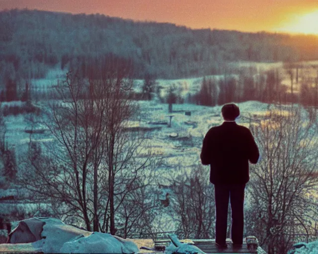 Prompt: lomographic tarkovsky film still of 4 0 years russian man with beard and sweater standing on small hrushevka 9 th floor balcony in taiga looking at sunset, perfect faces, cinestill, bokeh