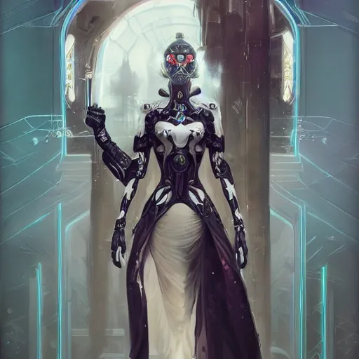 Image similar to a cyborg empress with mask, art nouveau ivory accessories, cyberpunk, darksynth, luxury, concept art by jama jurabaev, extremely detailed, ominous, ethereal, artstation, andree wallin, edvige faini, balaskas, alphonse mucha, symmetry