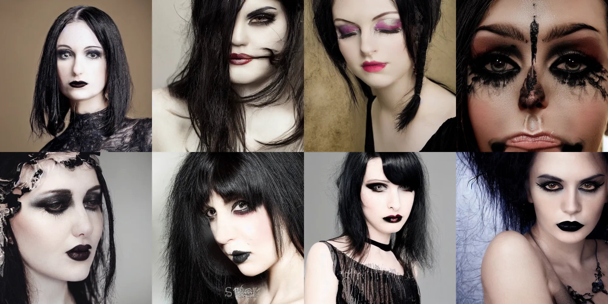 Prompt: a beautiful close - up shot of a goth woman, black hair, pale skin, sensual, beautiful soft light failling on her face, studio photography, in the style of victoria frances