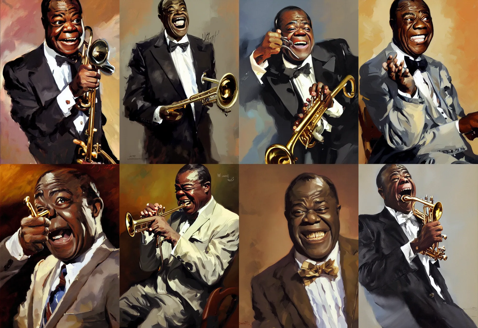 Image similar to a portrait of louis armstrong telling a joke, by greg manchess and john singer sargent and jonathan yeo, dramatic lighting, highly detailed digital painting