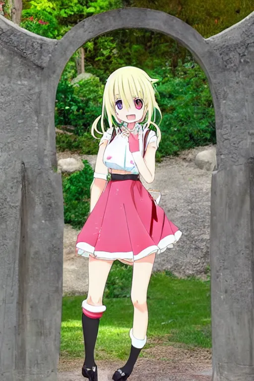 Image similar to a very cute art of a smiling blonde anime girl idol wearing a colorful dress walking at the garden, tongue out, cheeky, in the style of anime, near a stone gate