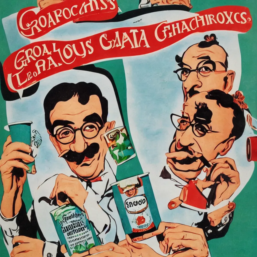 Prompt: advertisement featuring groucho marx on a tin of loose leaf tea