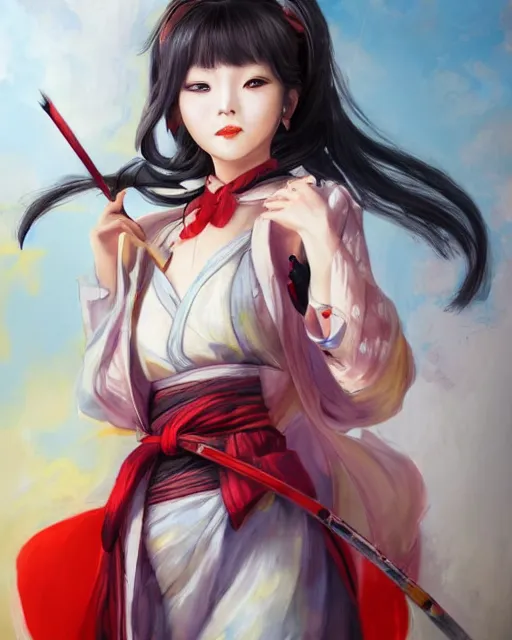 Prompt: portrait of oichi , sana from twice, sengoku basara in the paintetly style of WLOP, artgerm, brush stroke oil painting, imagine fx, artstation