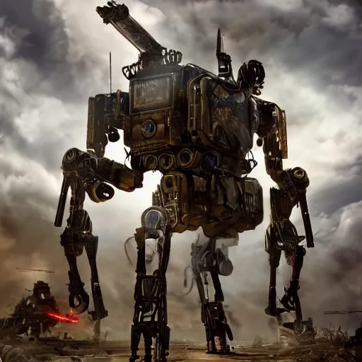 Prompt: gigantic bipedal humanoid lethal robot war machine standing in a battlefield, steam punk, 70's sci-fi, highly detailed, sharp focus, photorealistic, hyperrealistic, deep aesthetic, 4k, highly ornate intricate details, cinematic lighting, rich colors, digital artwork, ray tracing,