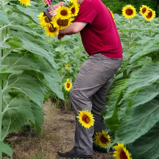 Prompt: a realistic photograph of Crazy Dave watering a Sunflower