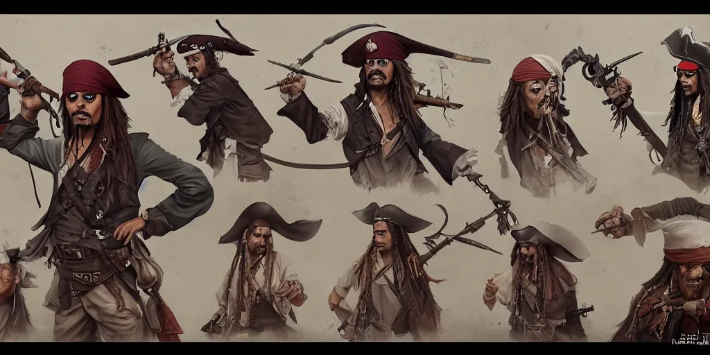 Image similar to jack sparrow, character sheet, concept design, contrast, kim jung gi, greg rutkowski, zabrocki, karlkka, jayison devadas, trending on artstation, 8 k, ultra wide angle, pincushion lens effect