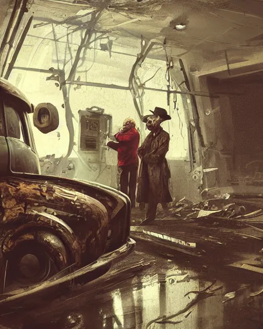 Image similar to a highly detailed epic cinematic concept art CG render digital painting artwork: old dead couple at a decayed gas station surrounded by dark figures. By Greg Rutkowski, in the style of Francis Bacon and Syd Mead and Norman Rockwell and Beksinski, open ceiling, highly detailed, painted by Francis Bacon and Edward Hopper, painted by James Gilleard, surrealism, airbrush, Ilya Kuvshinov, WLOP, Stanley Artgerm, very coherent, triadic color scheme, art by Takato Yamamoto and James Jean