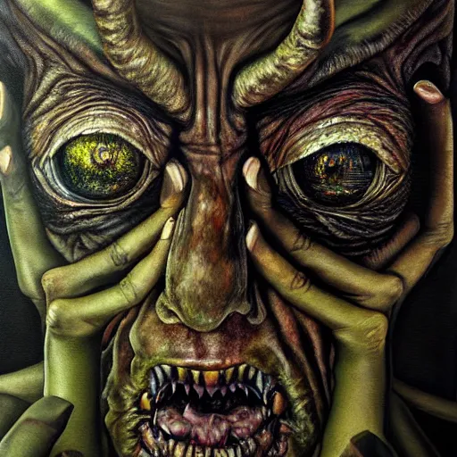 Prompt: monster of madness. by angelica hicks, hyperrealistic photorealism acrylic on canvas, resembling a high - resolution photograph